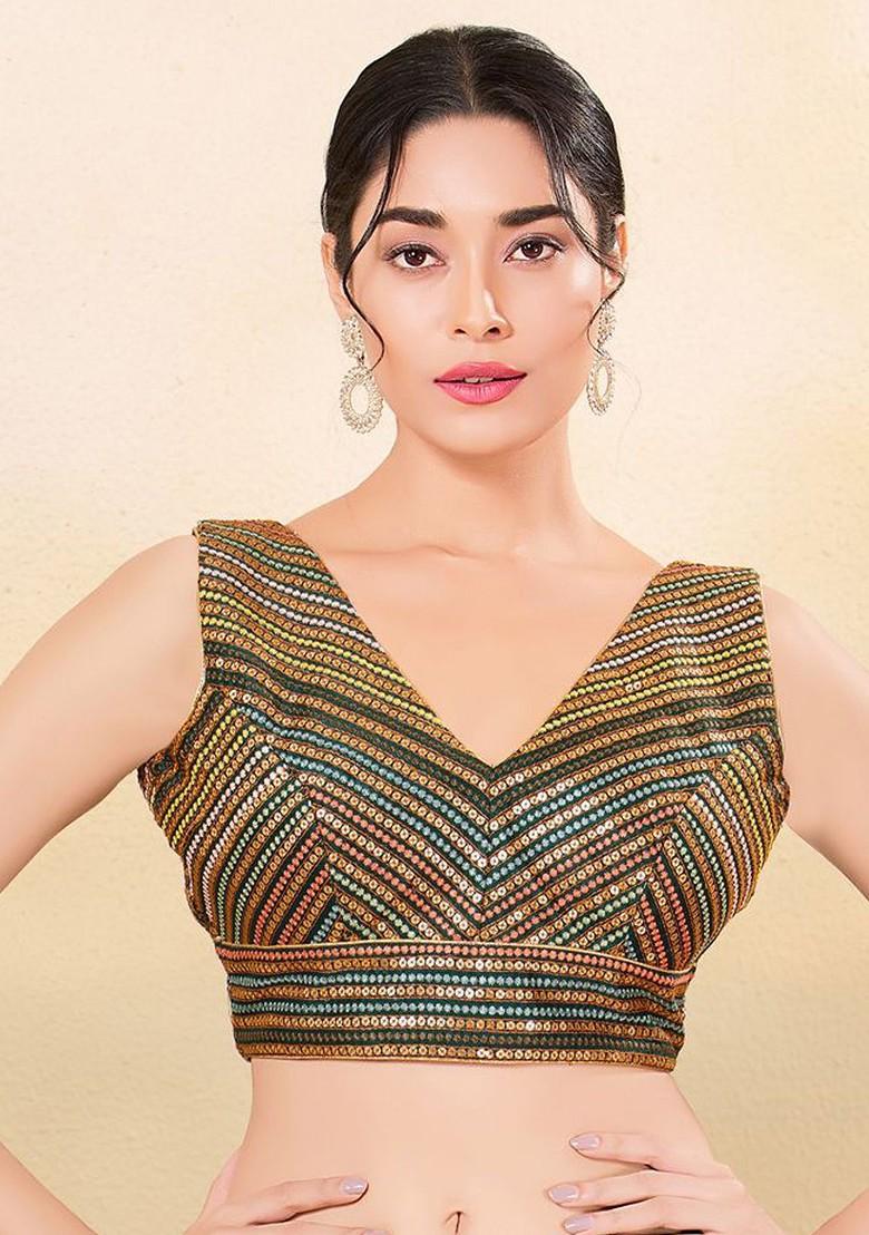 Embroidered Silk V Neck Padded Saree Blouse