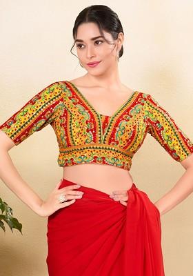 Embroidered Silk V Neck Padded Saree Blouse