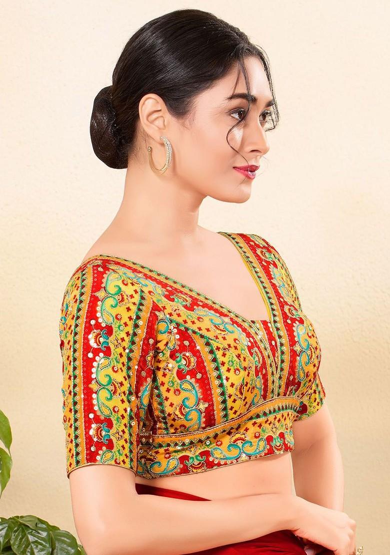 Embroidered Silk V Neck Padded Saree Blouse