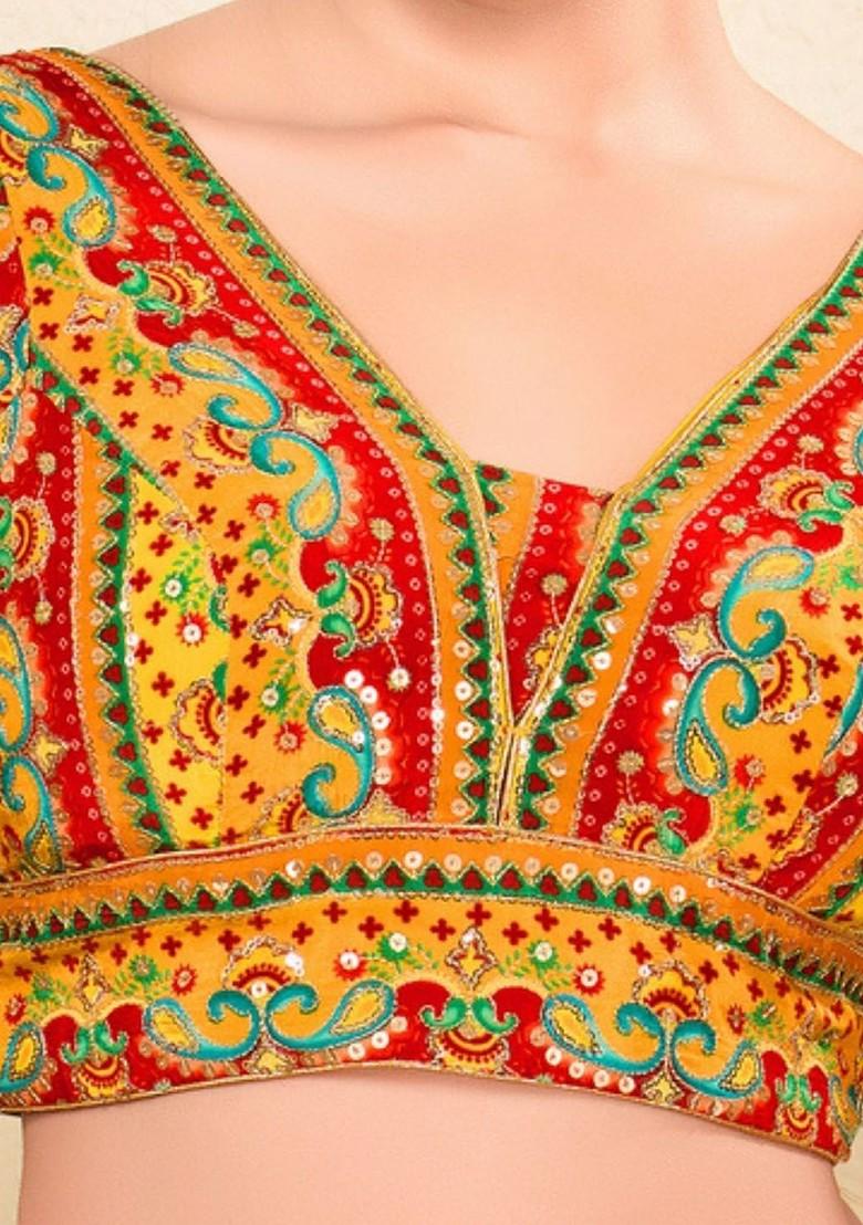 Embroidered Silk V Neck Padded Saree Blouse