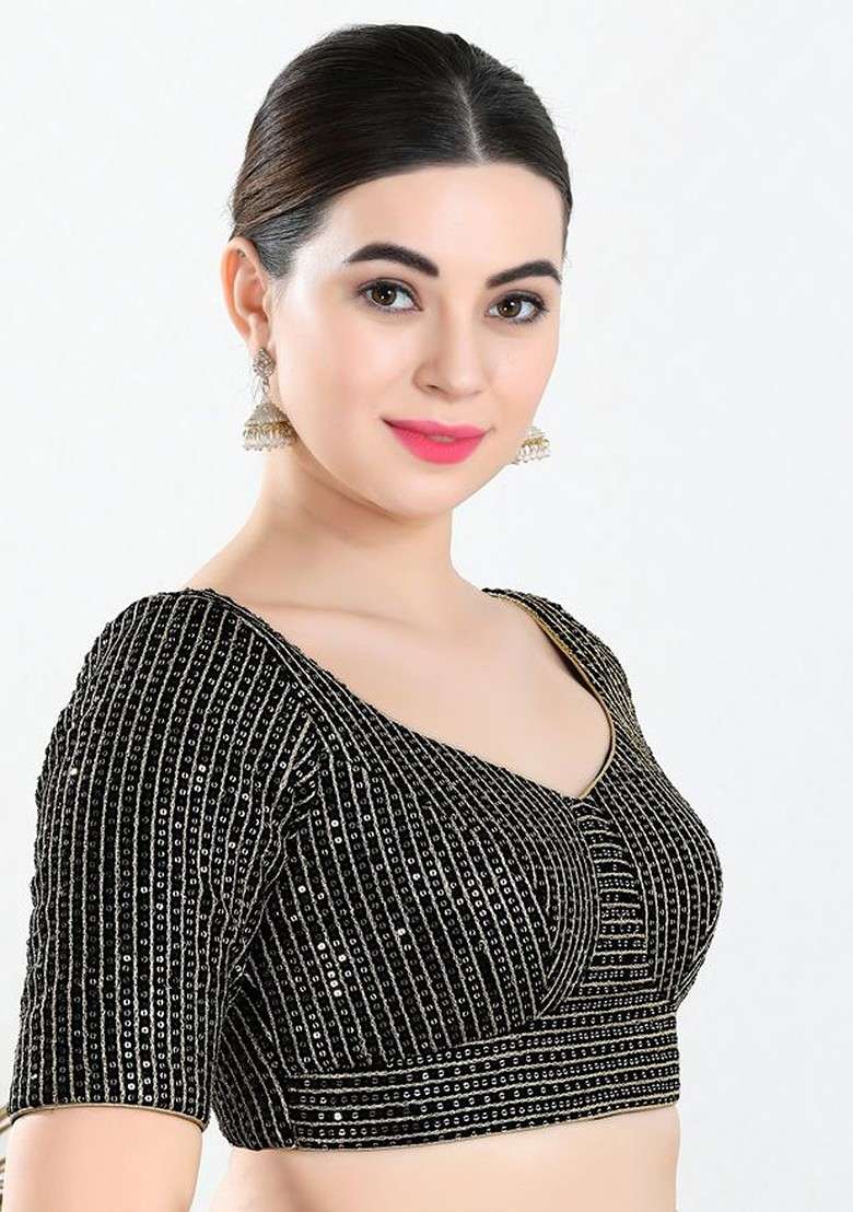 Sequinned Embroidered Sweet Heart Neck Padded Saree Blouse - Indya