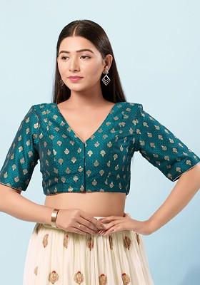 Woven Design Brocade V Neck Padded Saree Blouse