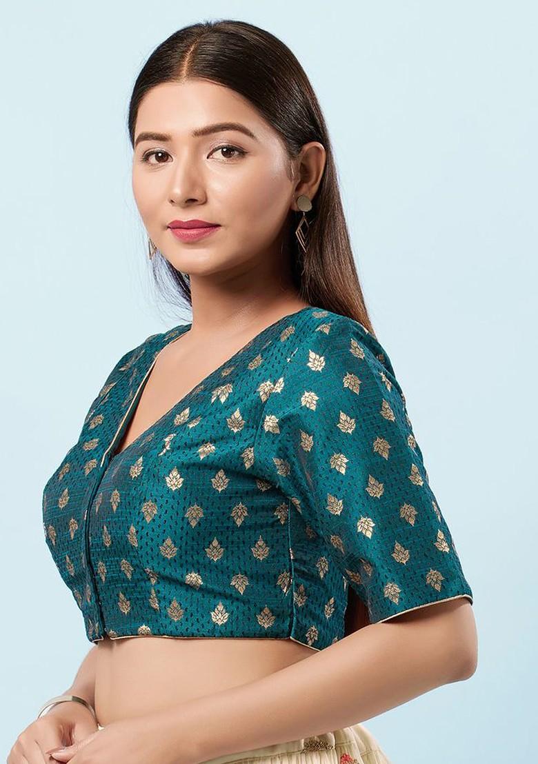 Woven Design Brocade V Neck Padded Saree Blouse