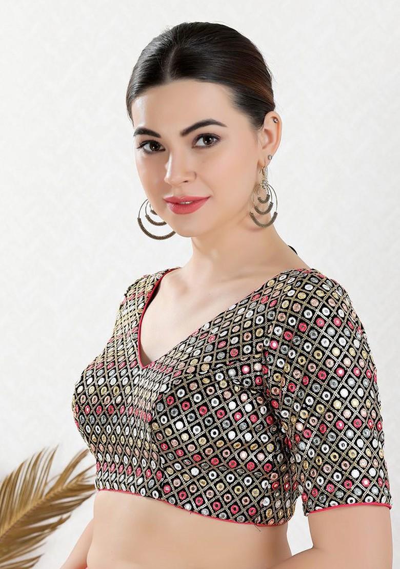 Embroidered V Neck Padded Saree Blouse