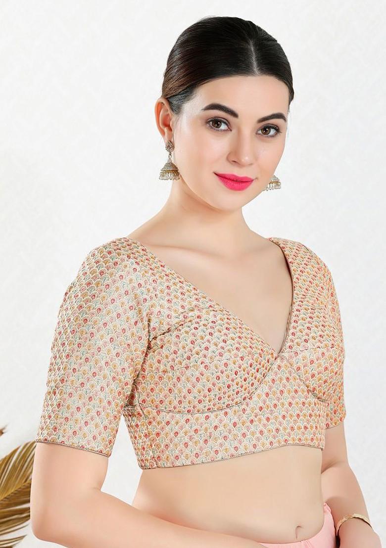 Embroidered Silk V Neck Padded Saree Blouse