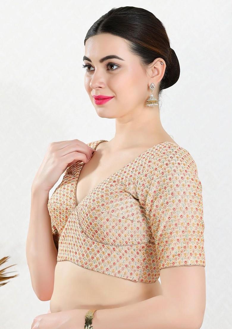 Embroidered Silk V Neck Padded Saree Blouse