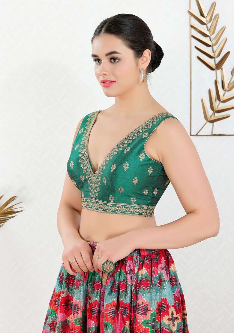 Women V Neck Padded Saree Blouse - Indya
