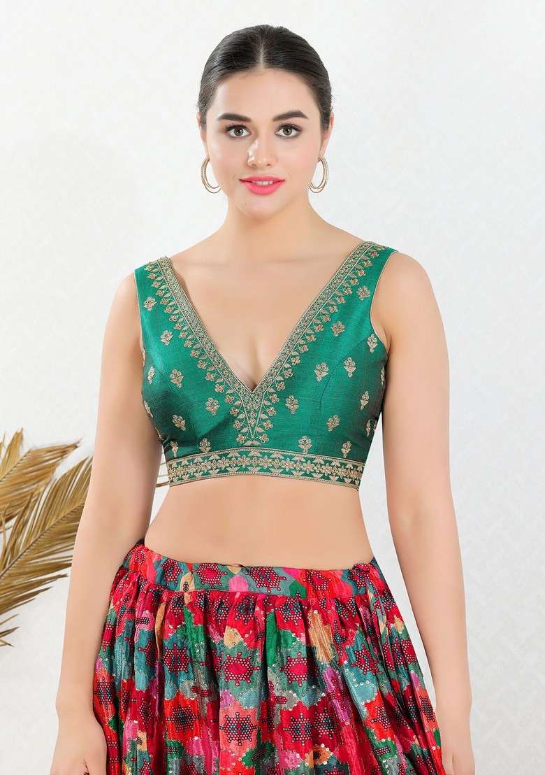 Women V Neck Padded Saree Blouse - Indya