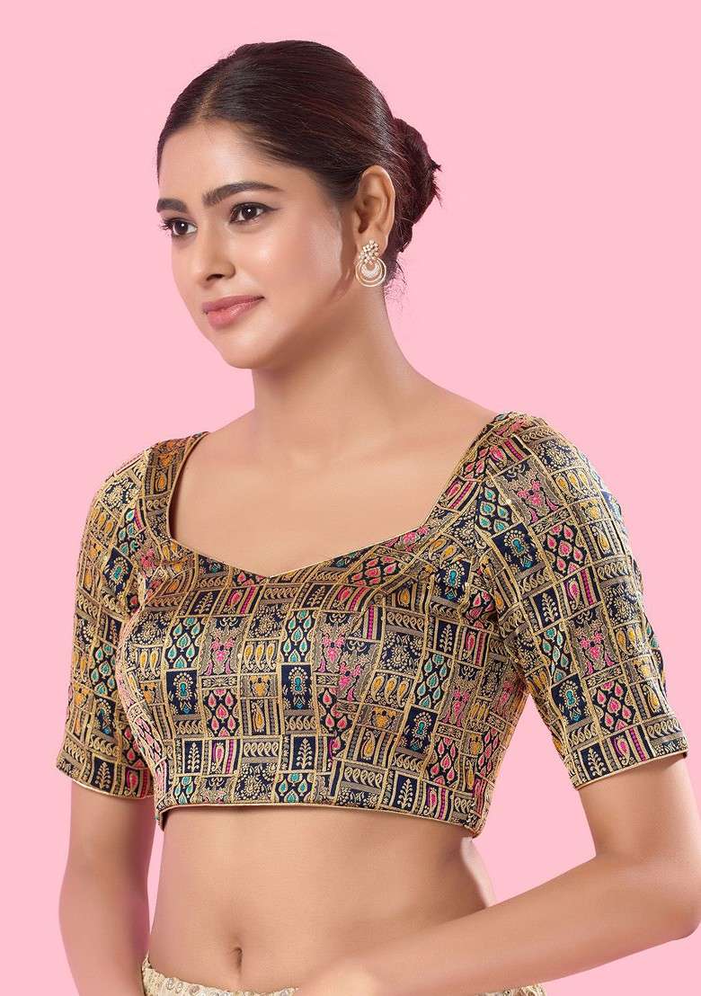 Women Round Neck Padded Saree Blouse - Indya