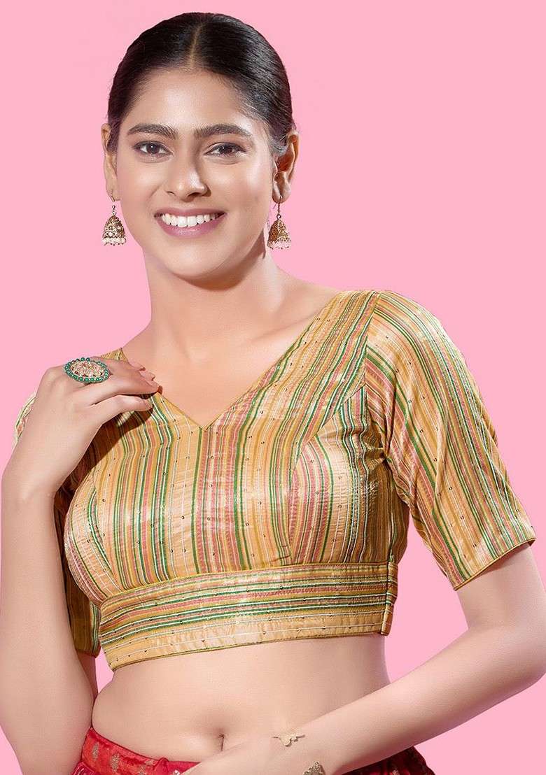 Women V Neck Padded Saree Blouse - Indya