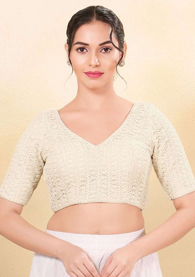 Women V Neck Padded Saree Blouse - Indya