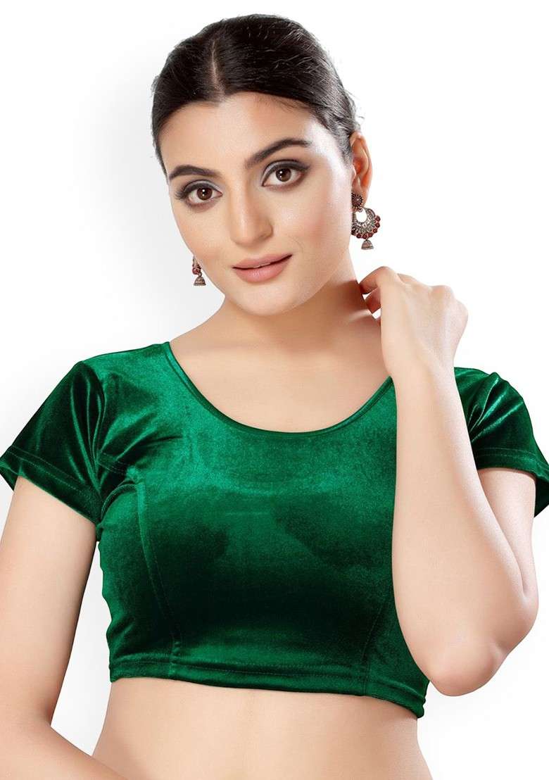 Velvet Round Neck Non Padded Stretchable Saree Blouse - Indya