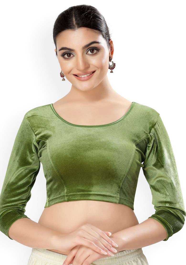 Velvet Round Neck Non Padded Saree Blouse - Indya