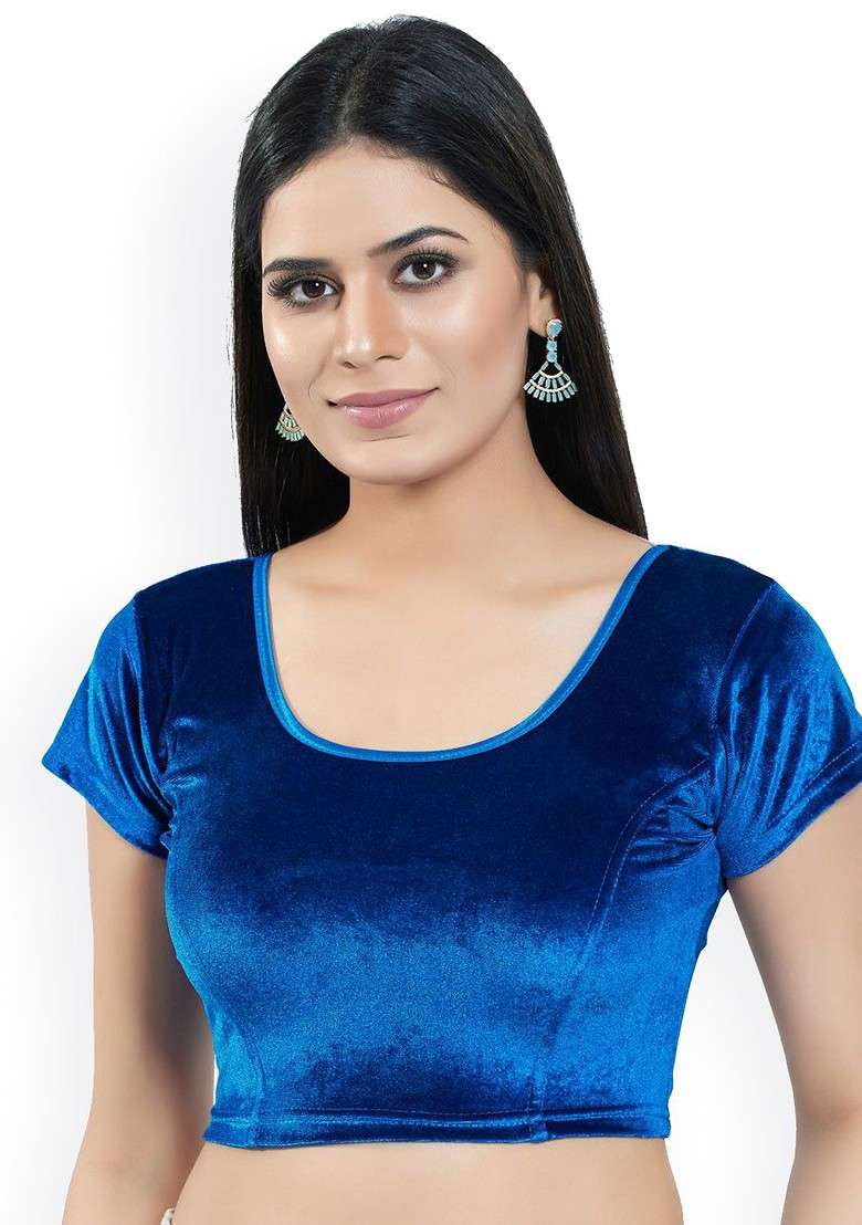 Velvet Round Neck Non Padded Stretchable Saree Blouse - Indya