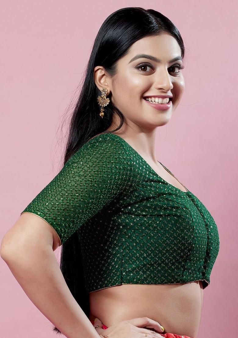 Embroidered Women Round Neck Padded Saree Blouse