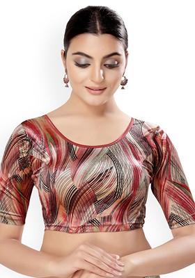 Printed Velvet Round Neck Non Padded Saree Blouse