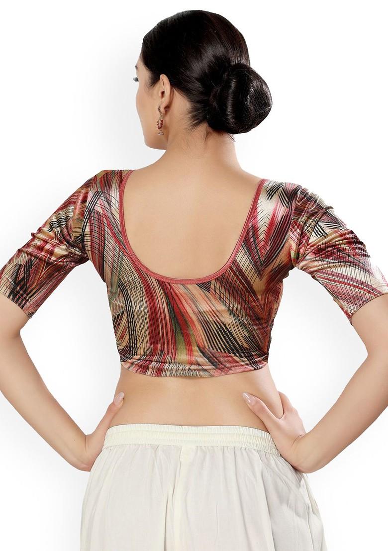 Printed Velvet Round Neck Non Padded Saree Blouse
