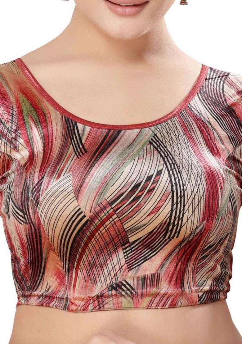 Printed Velvet Round Neck Non Padded Saree Blouse