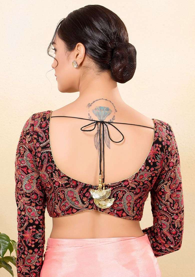 Embroidery Sequinned Silk Sweetheart Neck Padded Saree Blouse - Indya