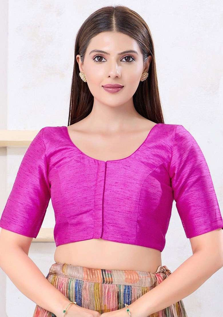 Silk Round Neck Padded Saree Blouse - Indya