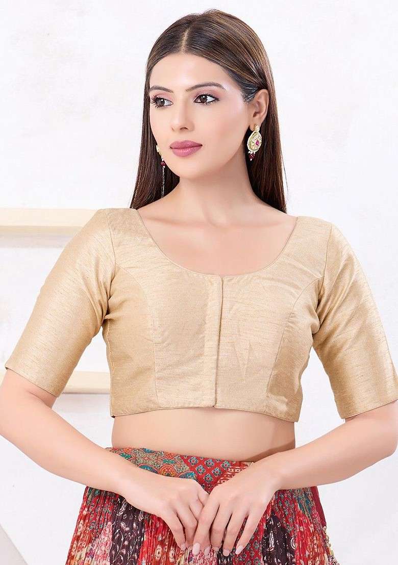 Silk Round Neck Padded Saree Blouse - Indya