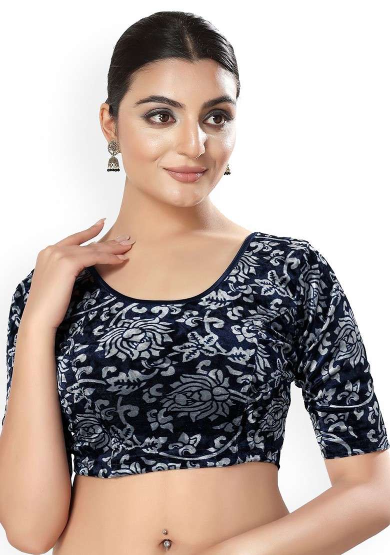 Printed Round Neck Non Padded Stretchable Saree Blouse - Indya