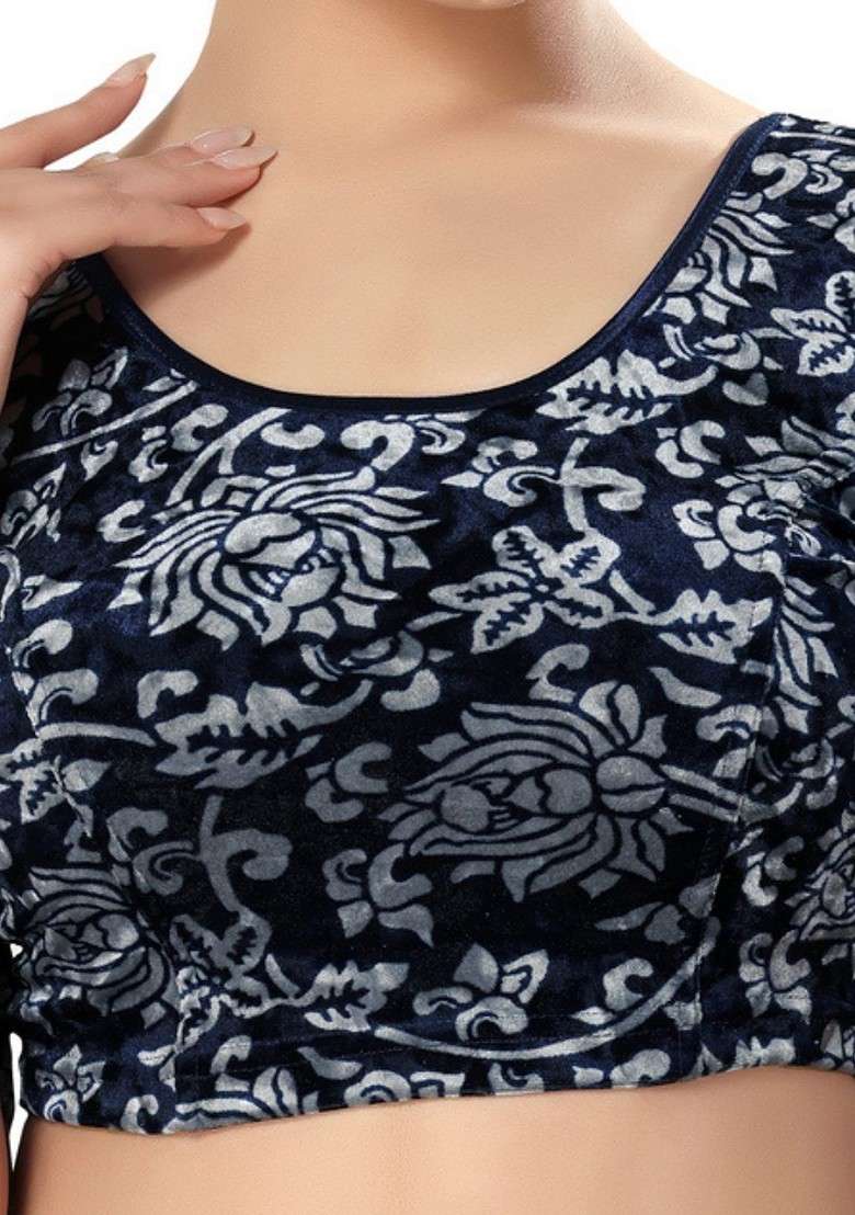 Printed Round Neck Non Padded Stretchable Saree Blouse - Indya