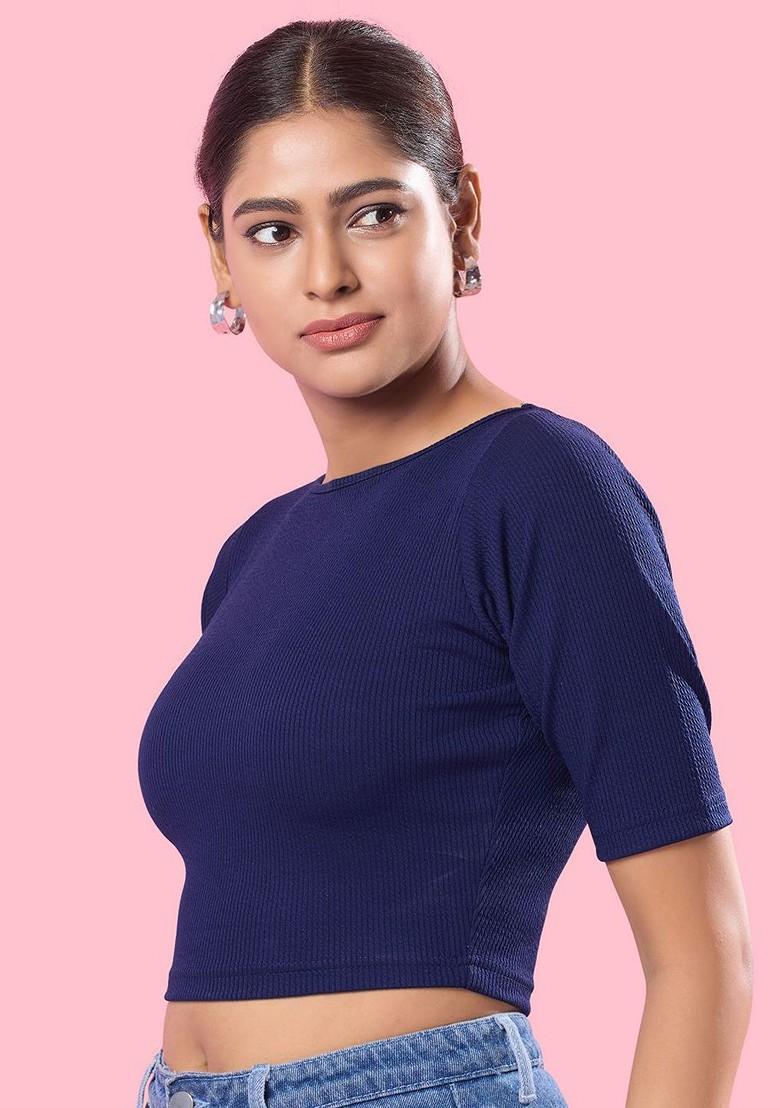 Silk Round Neck Short Sleeves Non Padded Saree Blouse