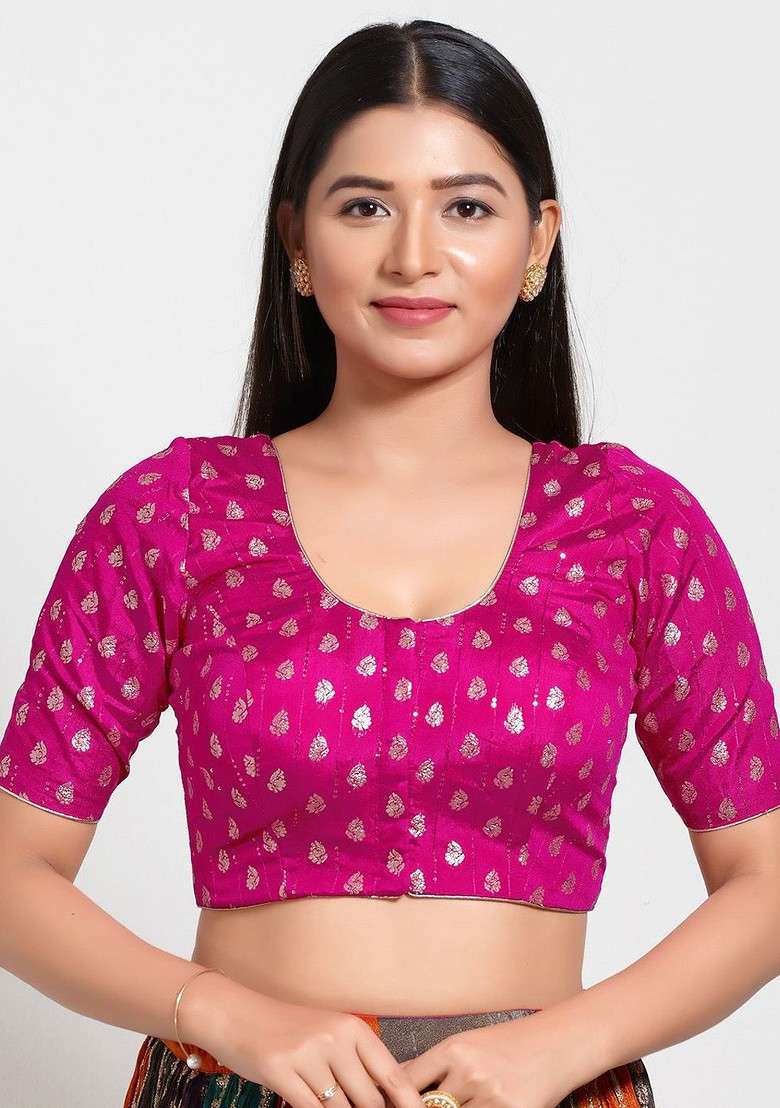 Women Round Neck Padded Saree Blouse - Indya