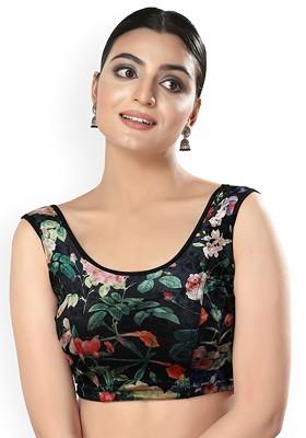 Floral Printed Velvet U Neck Non Padded Saree Blouse