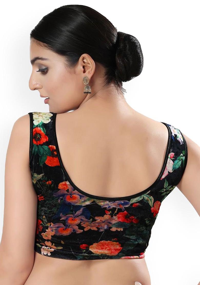 Floral Printed Velvet U Neck Non Padded Saree Blouse