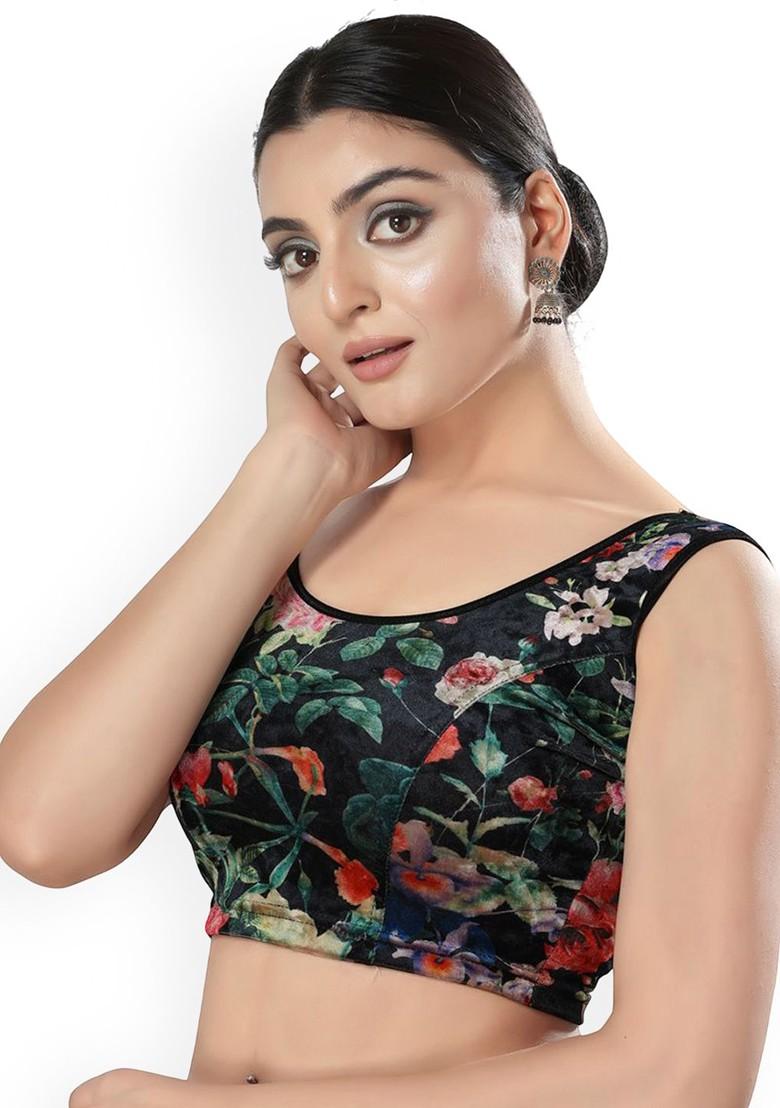 Floral Printed Velvet U Neck Non Padded Saree Blouse