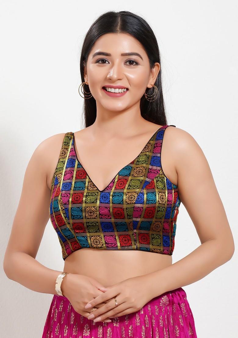 Women V Neck Padded Saree Blouse