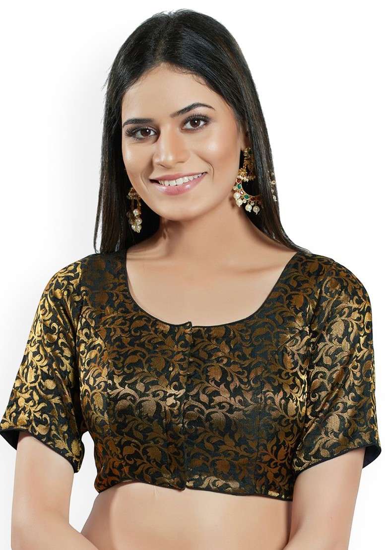 Woven Design Brocade Round Neck Padded Saree Blouse - Indya