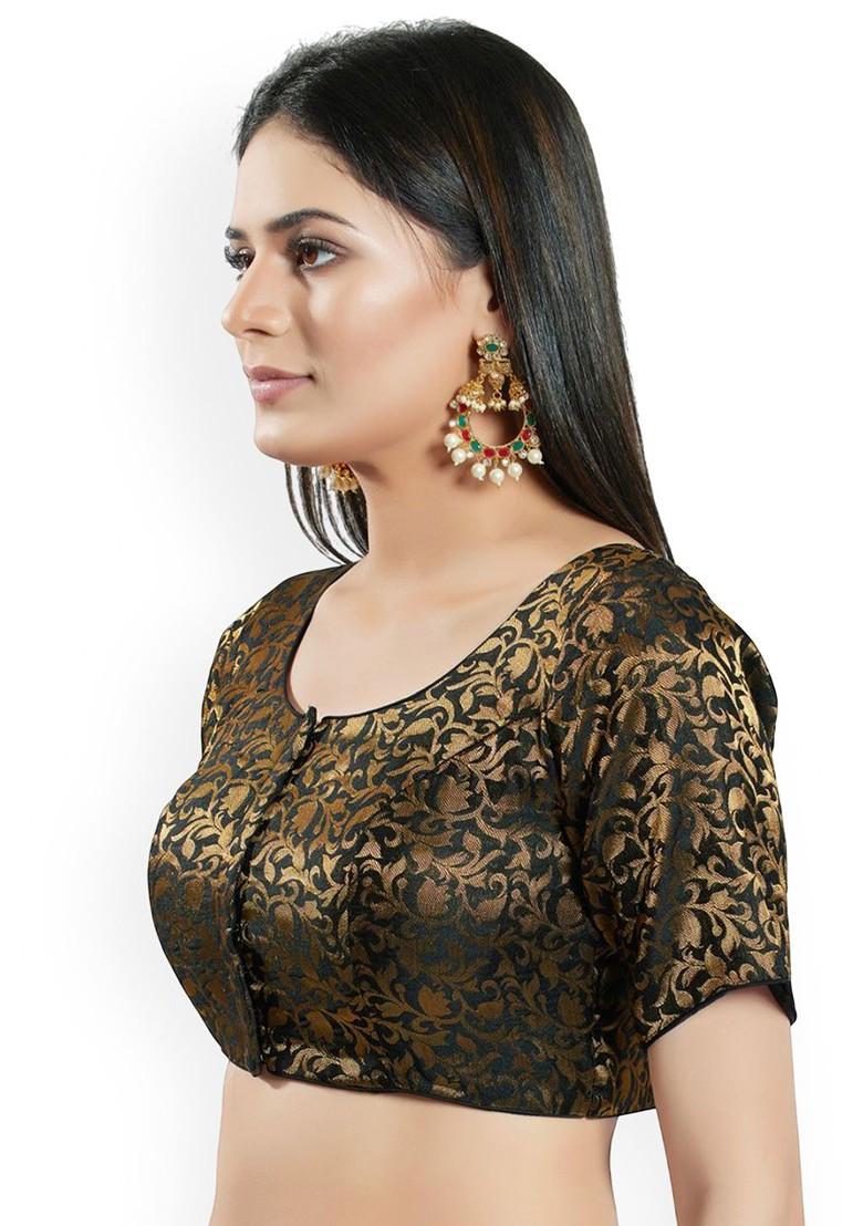 Woven Design Brocade Round Neck Padded Saree Blouse