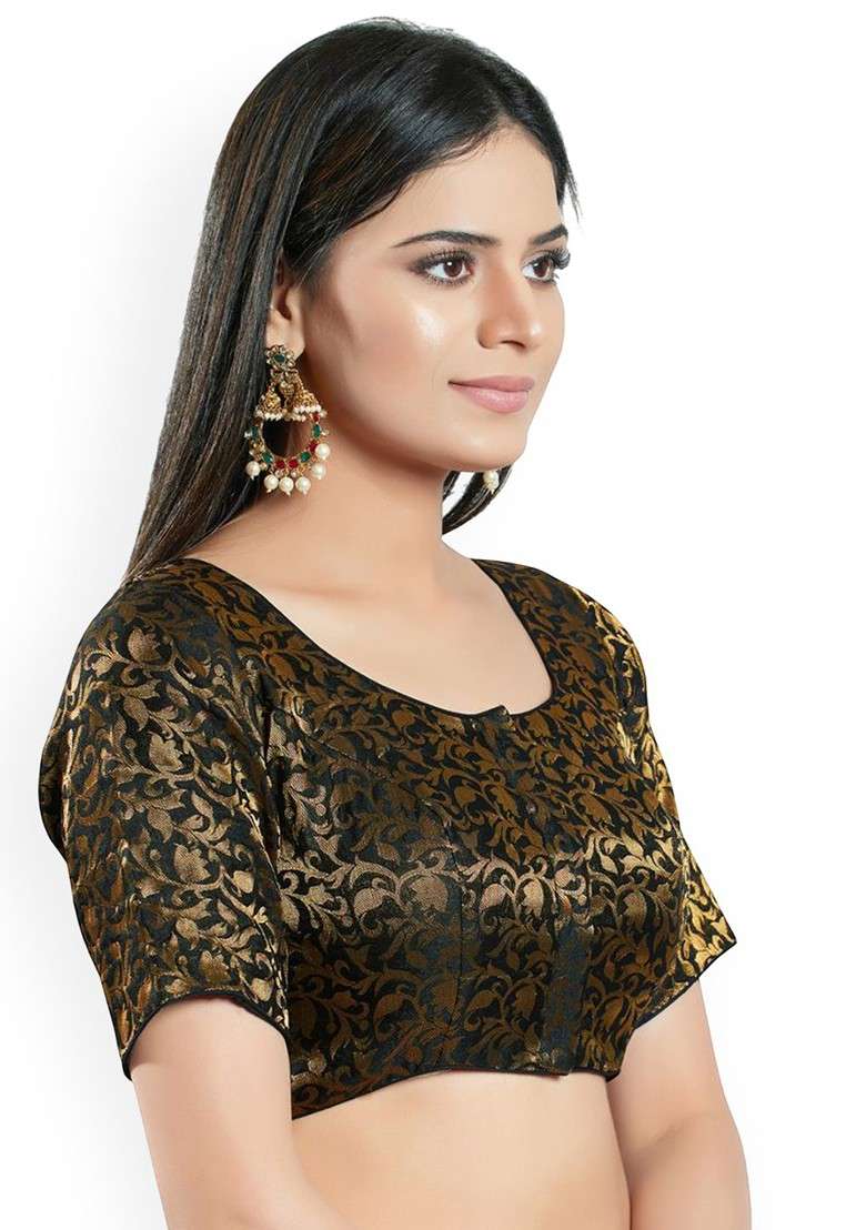 Woven Design Brocade Round Neck Padded Saree Blouse - Indya
