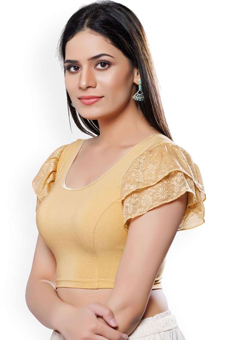 Round Neck Short Sleeves Non Padded Saree Blouse - Indya