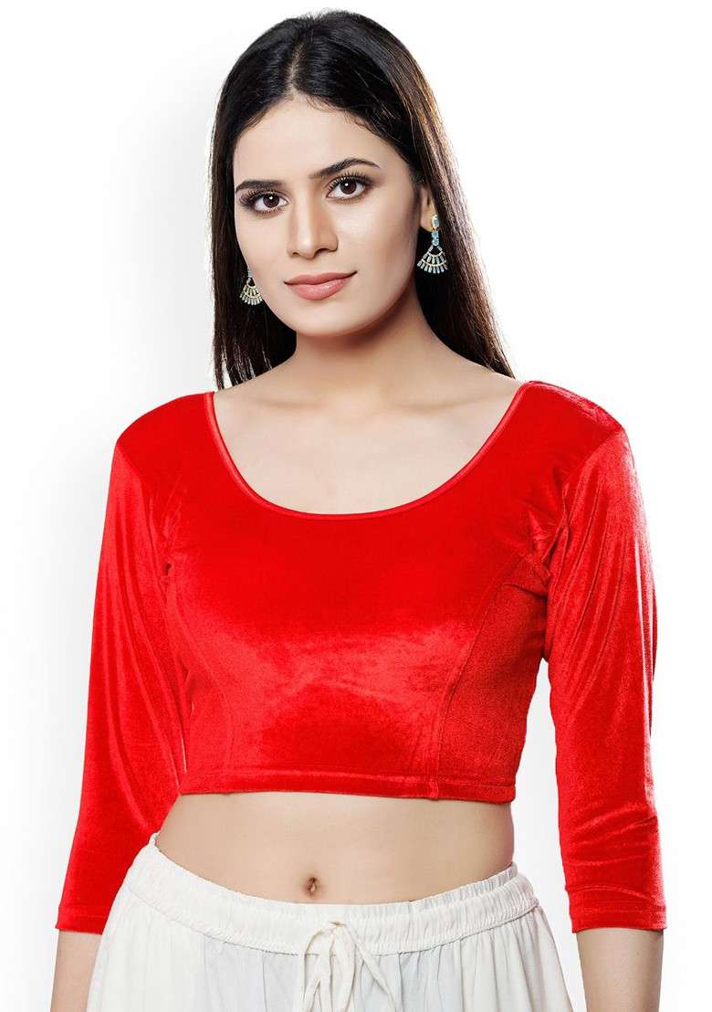 Women Velvet Round Neck Non Padded Saree Blouse - Indya