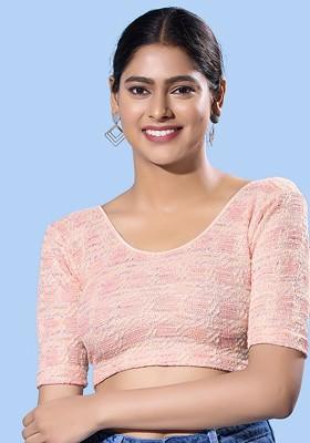 Woven Design Silk Round Neck Non Padded Saree Blouse