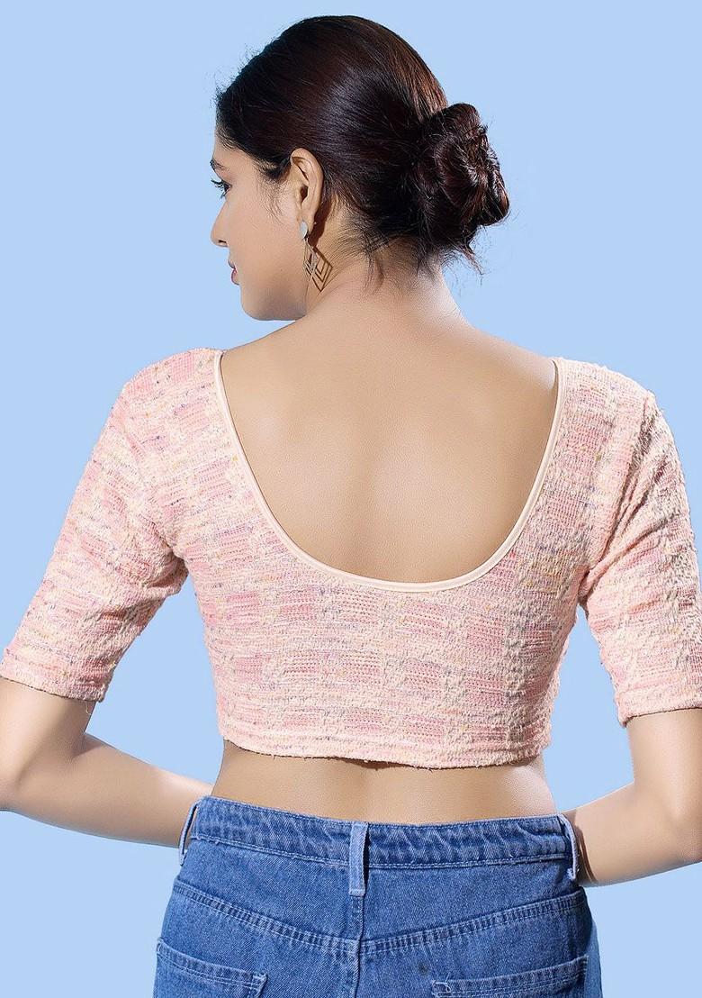 Woven Design Silk Round Neck Non Padded Saree Blouse