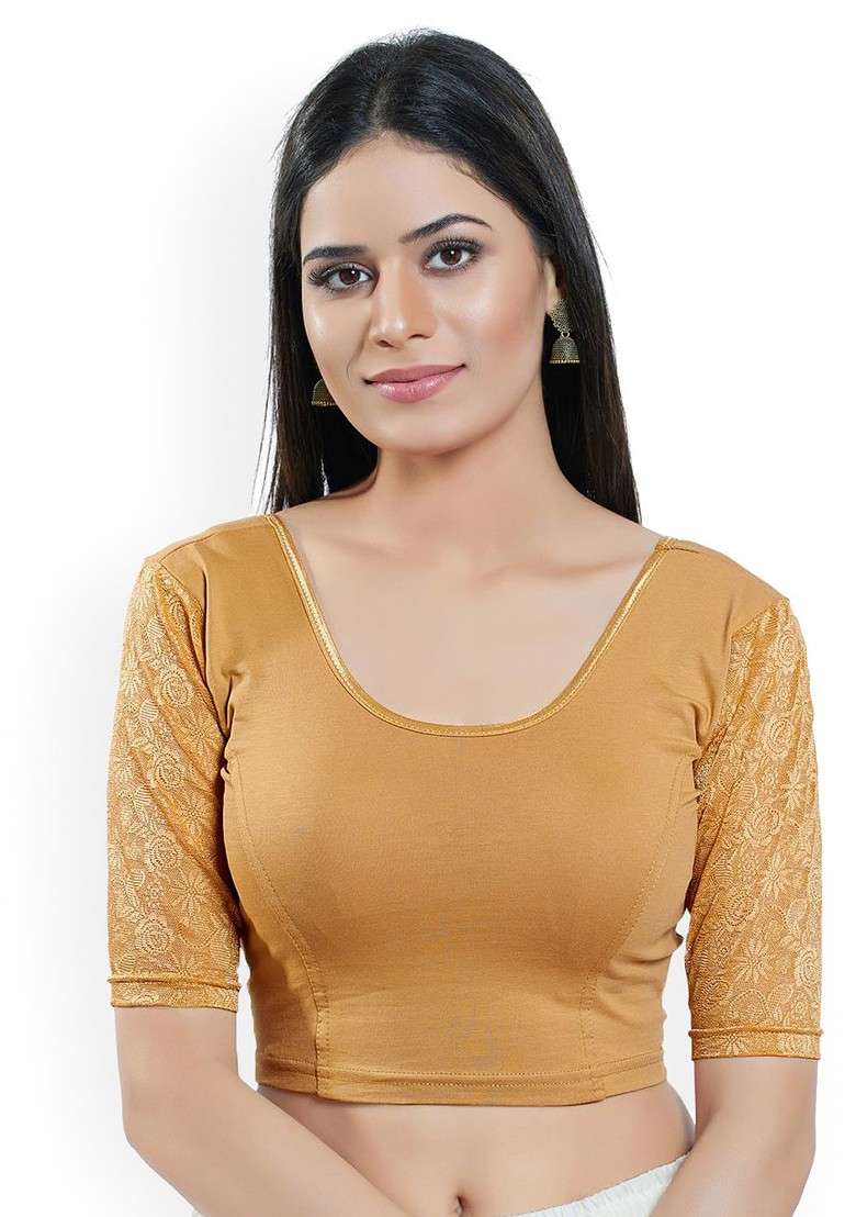 Women Round Neck Short Sleeves Non Padded Saree Blouse - Indya