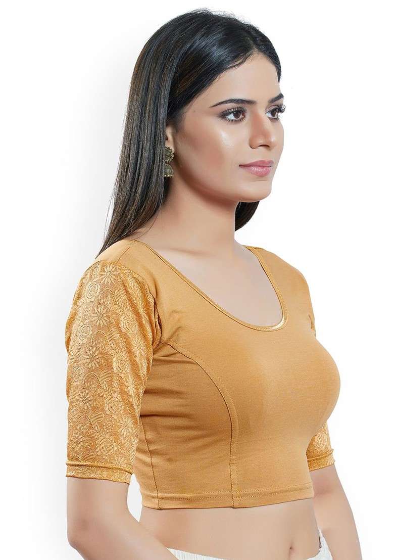 Women Round Neck Short Sleeves Non Padded Saree Blouse - Indya