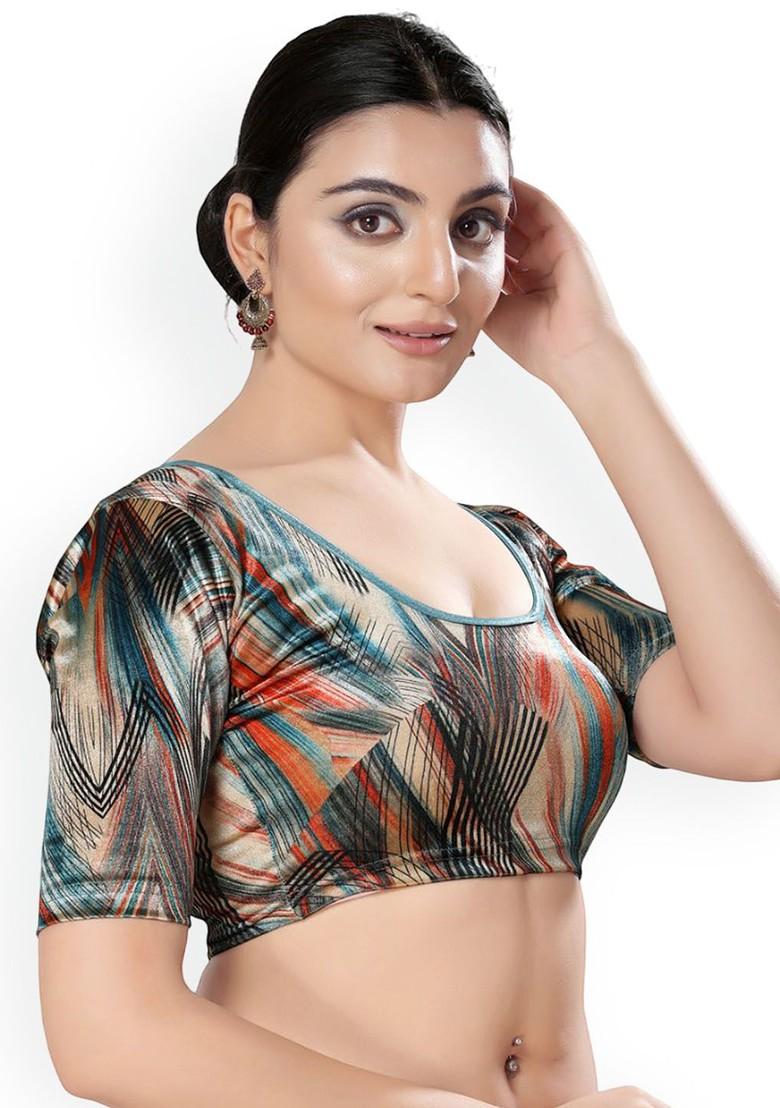 Velvet Round Neck Short Sleeves Non Padded Saree Blouse
