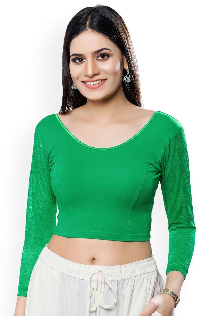 U Neck Three Quarter Sleeves Non Padded Saree Blouse - Indya