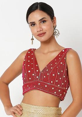 Women Pink Embellished Velvet Saree Blouse