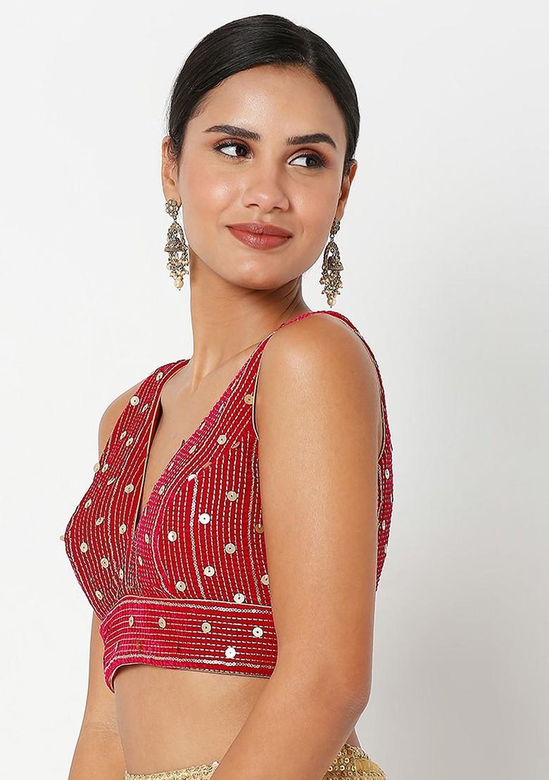 Women Pink Embellished Velvet Saree Blouse