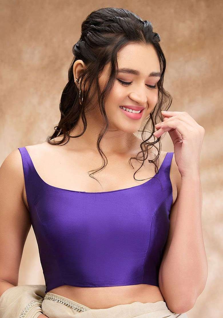 Women Purple Taffeta Silk Padded Readymade Saree Blouse - Indya