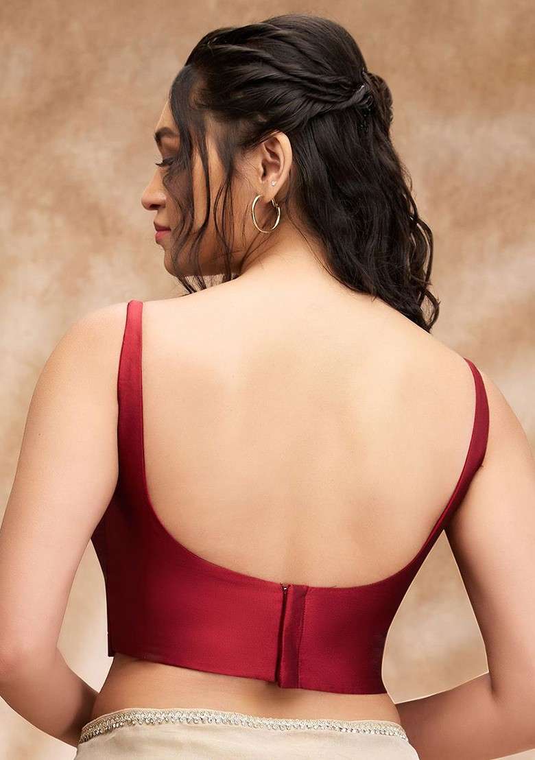 Maroon Taffeta Silk Solid Round Neck Sleeveless Blouse - Indya