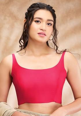 Women Taffeta Silk Padded Round Neck Saree Blouse