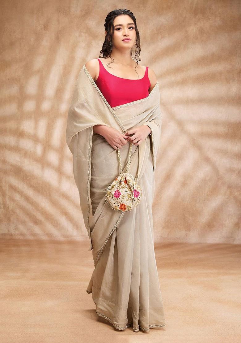 Women Taffeta Silk Padded Round Neck Saree Blouse